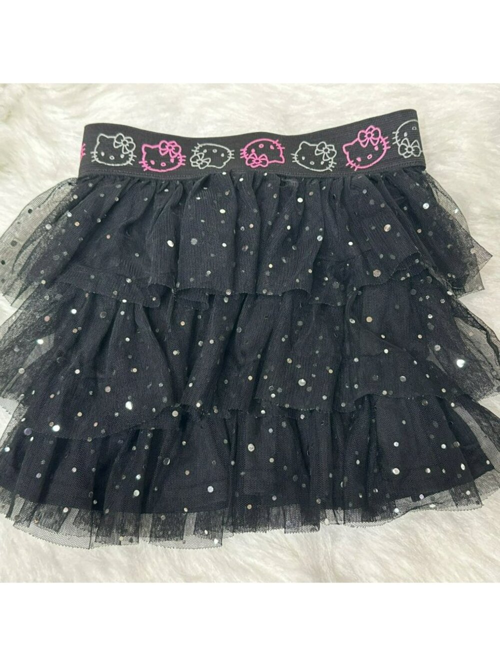 Hello Kitty Black Sequin Tulle Mini Skirt Pull-On Stretch Waistband